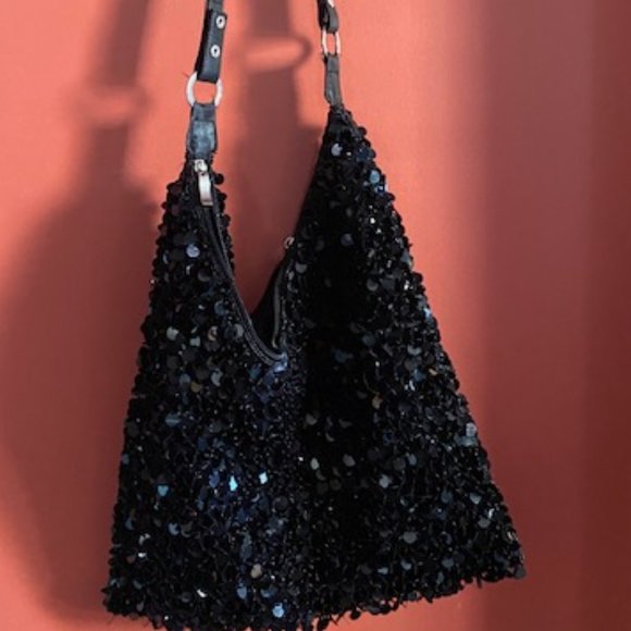 Vintage Handbags - Vintage black sequinned boho cross-body bag